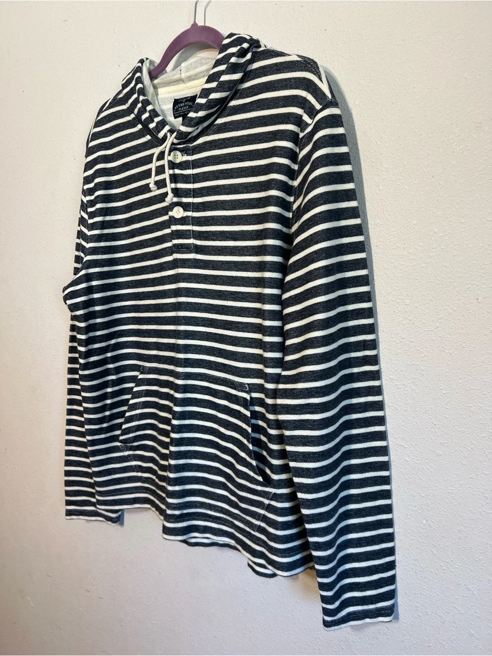 J.Crew authentic Fleece blue and white striped henley hoodie kangaroo pocket